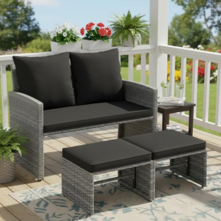 Outdoor Furniture Loveseat - Canapé d'extérieur avec 2 poufs, ensemble